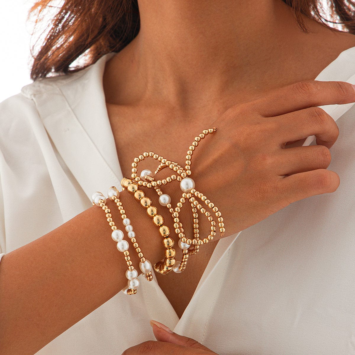Elegant 5pcs Gold Plated Bowknot Pearl Chain Bracelet Set - ArtGalleryZen