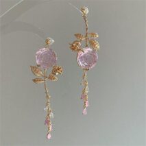 Elegant Asymmetric S925 Silver Pink Crystal Rose Earrings - ArtGalleryZen