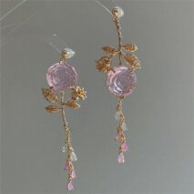 Elegant Asymmetric S925 Silver Pink Crystal Rose Earrings - ArtGalleryZen