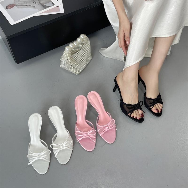 Elegant Bowknot Mesh Round Head Thin Heel Sandals - ArtGalleryZen