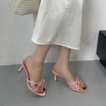 Elegant Bowknot Mesh Round Head Thin Heel Sandals - ArtGalleryZen