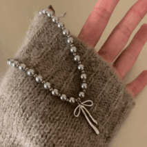 Elegant Bowknot Pendant Grey Pearl Chain Necklace - ArtGalleryZen