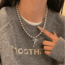 Elegant Bowknot Pendant Grey Pearl Chain Necklace - ArtGalleryZen