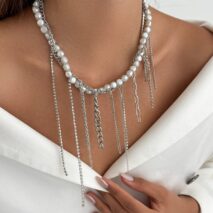 Elegant Box Curb Chain Tassel Pearl Choker Necklace - ArtGalleryZen