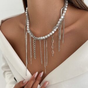 Elegant Box Curb Chain Tassel Pearl Choker Necklace - ArtGalleryZen