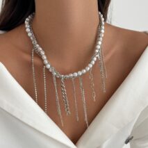 Elegant Box Curb Chain Tassel Pearl Choker Necklace - ArtGalleryZen