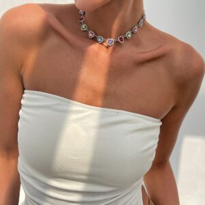 Elegant Colorful CZ Inlaid Heart Chain Necklace - ArtGalleryZen