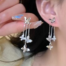 Elegant CZ Inlaid Enamel Butterfly Tassel Earrings - ArtGalleryZen