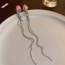 Elegant Enamel Rose Flower Box Chain Tassel Ear Cuff Earrings - ArtGalleryZen