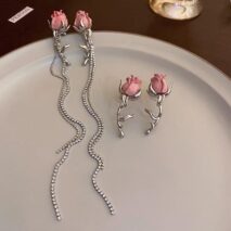 Elegant Enamel Rose Flower Box Chain Tassel Ear Cuff Earrings - ArtGalleryZen