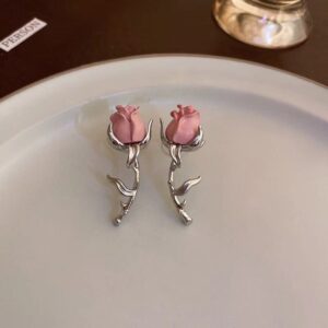 Elegant Enamel Rose Flower Box Chain Tassel Ear Cuff Earrings - ArtGalleryZen
