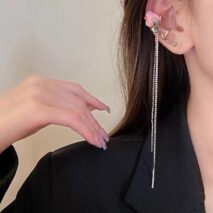 Elegant Enamel Rose Flower Box Chain Tassel Ear Cuff Earrings - ArtGalleryZen