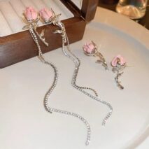 Elegant Enamel Rose Flower Box Chain Tassel Ear Cuff Earrings - ArtGalleryZen
