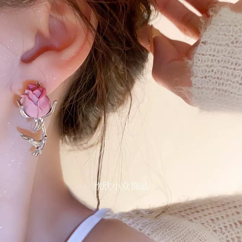 Elegant Enamel Rose Flower Box Chain Tassel Ear Cuff Earrings - ArtGalleryZen