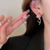 Elegant Enamel Rose Flower Box Chain Tassel Ear Cuff Earrings - ArtGalleryZen