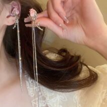 Elegant Enamel Rose Flower Box Chain Tassel Ear Cuff Earrings - ArtGalleryZen