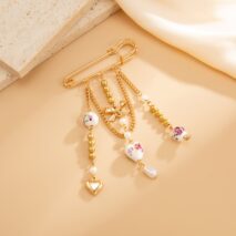 Elegant Floral Ceramic Beads Bow Heart Tassel Pin Brooch - ArtGalleryZen