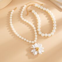 Elegant Flower Pendant Pearl Chain Necklace Ring - ArtGalleryZen