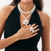 Elegant Flower Pendant Pearl Chain Necklace Ring - ArtGalleryZen