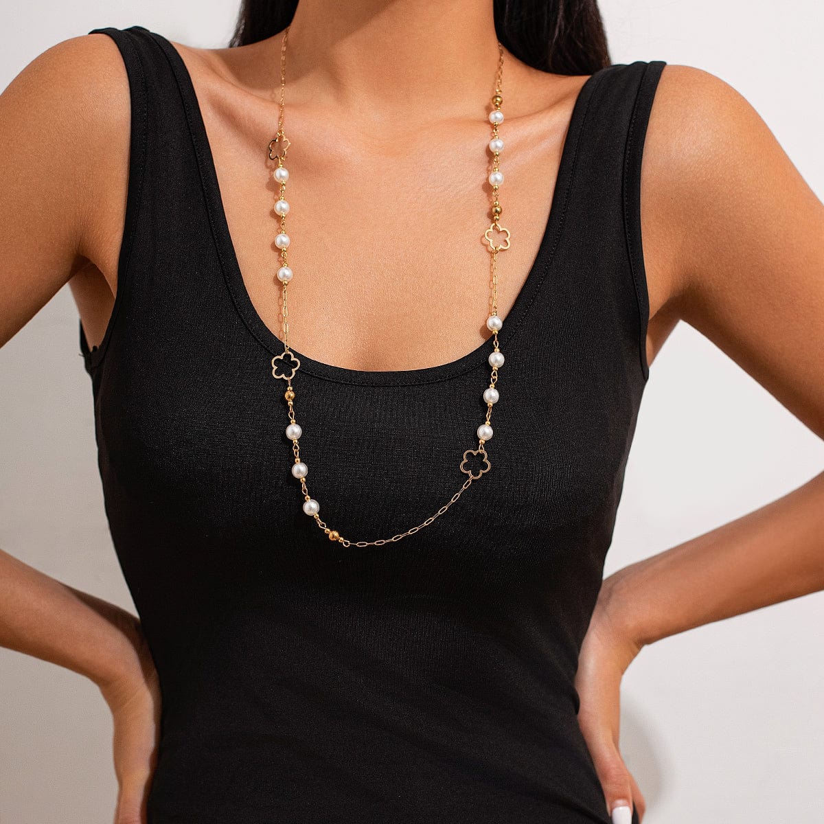 Elegant Gold Plated Hollow Flower Pearl Cable Chain Necklace - ArtGalleryZen