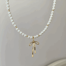 Elegant Gold Silver Plated Bowknot Pendant Pearl Chain Necklace - ArtGalleryZen