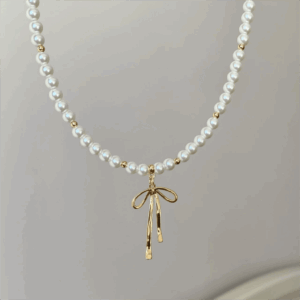 Elegant Gold Silver Plated Bowknot Pendant Pearl Chain Necklace - ArtGalleryZen