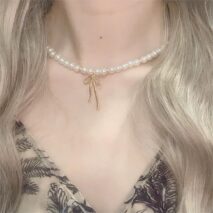 Elegant Gold Silver Plated Bowknot Pendant Pearl Chain Necklace - ArtGalleryZen