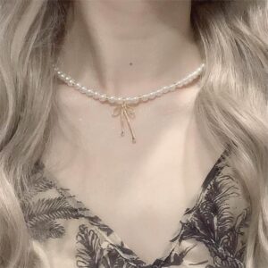 Elegant Gold Silver Plated Bowknot Pendant Pearl Chain Necklace - ArtGalleryZen