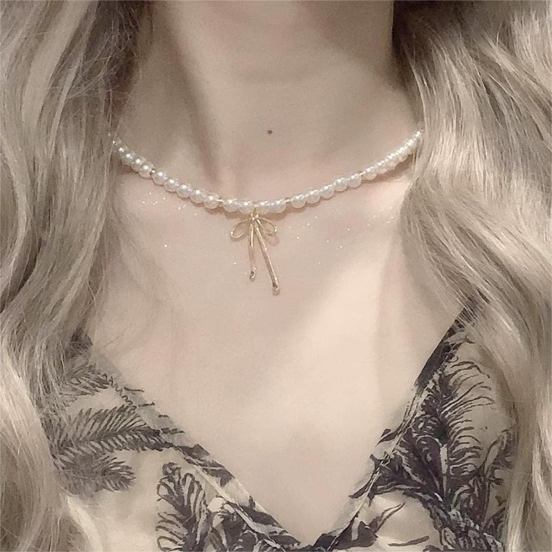 Elegant Gold Silver Plated Bowknot Pendant Pearl Chain Necklace - ArtGalleryZen