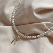 Elegant Gold Silver Plated Bowknot Pendant Pearl Chain Necklace - ArtGalleryZen