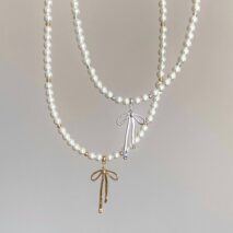 Elegant Gold Silver Plated Bowknot Pendant Pearl Chain Necklace - ArtGalleryZen