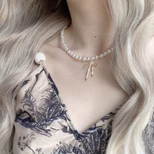 Elegant Gold Silver Plated Bowknot Pendant Pearl Chain Necklace - ArtGalleryZen