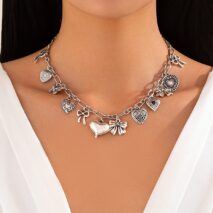 Elegant Gold Silver Tone Relief Heart Bowknot Tassel Necklace - ArtGalleryZen