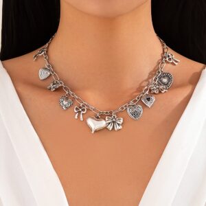 Elegant Gold Silver Tone Relief Heart Bowknot Tassel Necklace - ArtGalleryZen