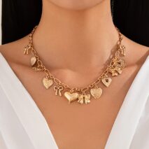 Elegant Gold Silver Tone Relief Heart Bowknot Tassel Necklace - ArtGalleryZen