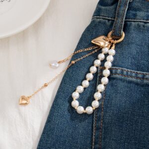 Elegant Gold Tone Heart Pendant Pearl Keychain - ArtGalleryZen