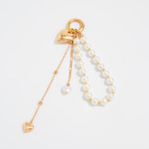 Elegant Gold Tone Heart Pendant Pearl Keychain - ArtGalleryZen