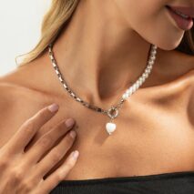 Elegant Heart Ceramics Pendant Pearl Chain Necklace - ArtGalleryZen
