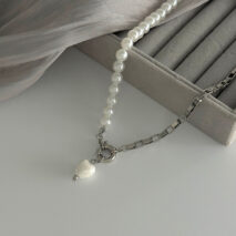 Elegant Heart Ceramics Pendant Pearl Chain Necklace - ArtGalleryZen