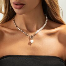 Elegant Heart Ceramics Pendant Pearl Chain Necklace - ArtGalleryZen