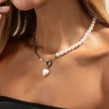 Elegant Heart Ceramics Pendant Pearl Chain Necklace - ArtGalleryZen