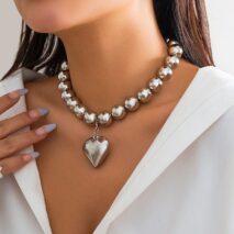 Elegant Heart Pendant Chunky Ball Chain Choker Necklace - ArtGalleryZen