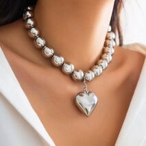 Elegant Heart Pendant Chunky Ball Chain Choker Necklace - ArtGalleryZen