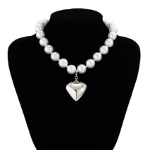 Elegant Heart Pendant Pearl Chain Choker Necklace - ArtGalleryZen