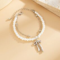 Elegant Layered Bowknot Pendant Pearl Chain Bracelet - ArtGalleryZen