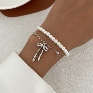 Elegant Layered Bowknot Pendant Pearl Chain Bracelet - ArtGalleryZen