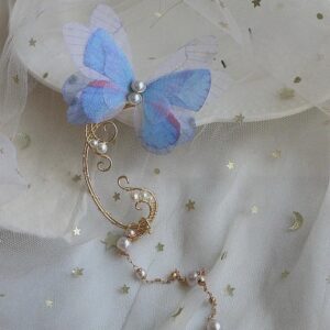 Elegant Layered Butterfly Pearl Long Chain Ribbon Elf Ear Cuff Wrap Earring - ArtGalleryZen