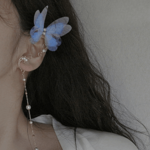 Elegant Layered Butterfly Pearl Long Chain Ribbon Elf Ear Cuff Wrap Earring - ArtGalleryZen