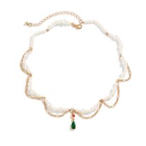 Elegant Layered Emerald Crystal Waterdrop Pendant Pearl Chain Necklace - ArtGalleryZen