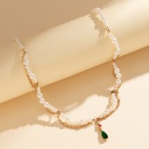 Elegant Layered Emerald Crystal Waterdrop Pendant Pearl Chain Necklace - ArtGalleryZen